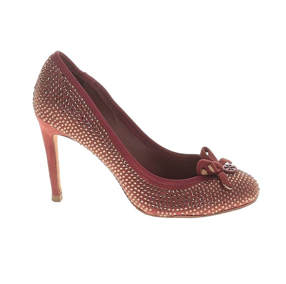 Tory Burch Phoenix Charm Logo Pumps Pave Crystal Conceria Cameo Shoes Sz 7